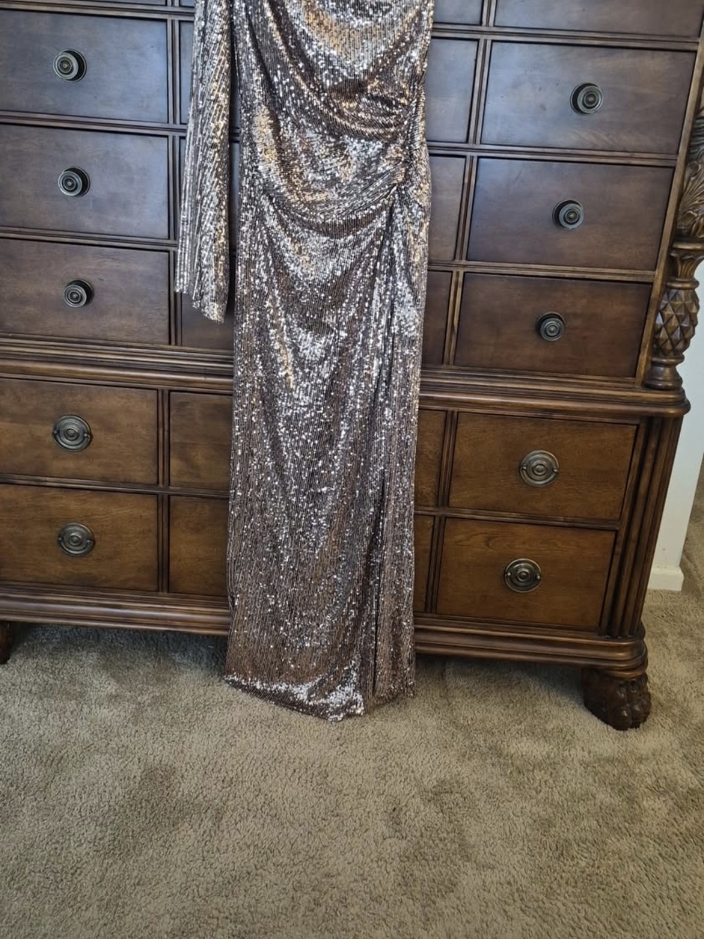 Luxxel Metallic Gold Sequin Draped Panel Gown